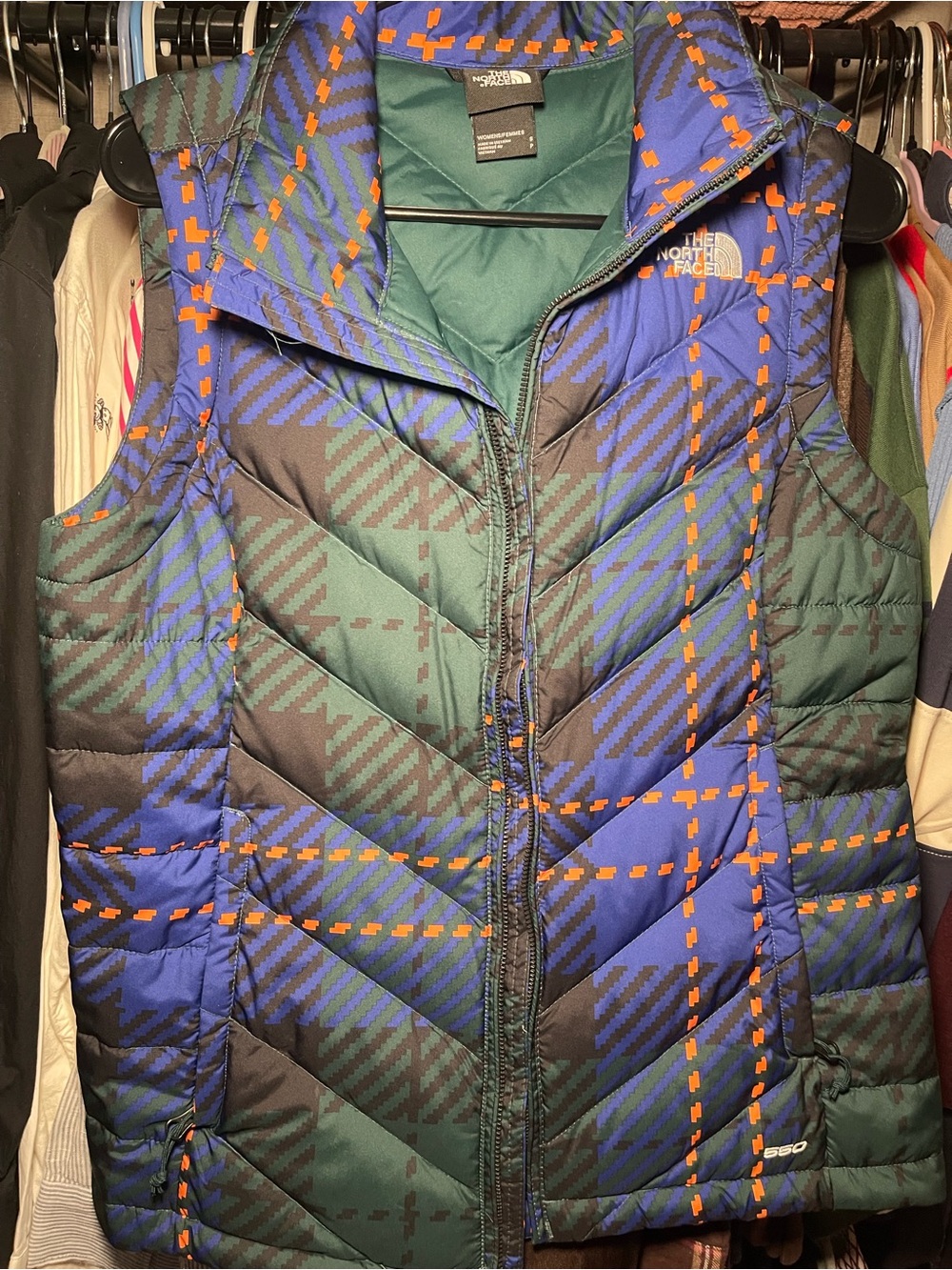 The North Face 550 Down Puffer Vest Women’s Small Blue Green Orange Print